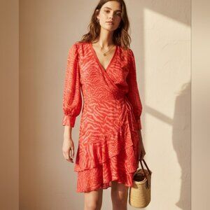 AllSaints Keva Remix Ruffle Zebra Print Tie Waist 3/4 Sleeve Dress Pink Red SZ S